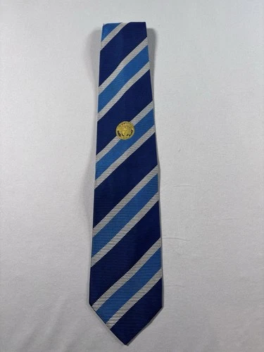 Vintage Gianni Versace Silk Tie Navy Blue Light Blue Silver Stripe Gold Medusa - product listing photo