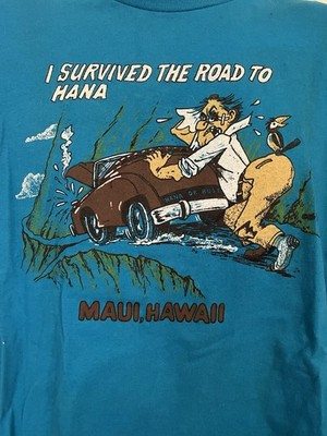 VTG 80 s I Survived Road Hana Maui Tshirt Blue Hawaii Single Stitch Stedman S/M