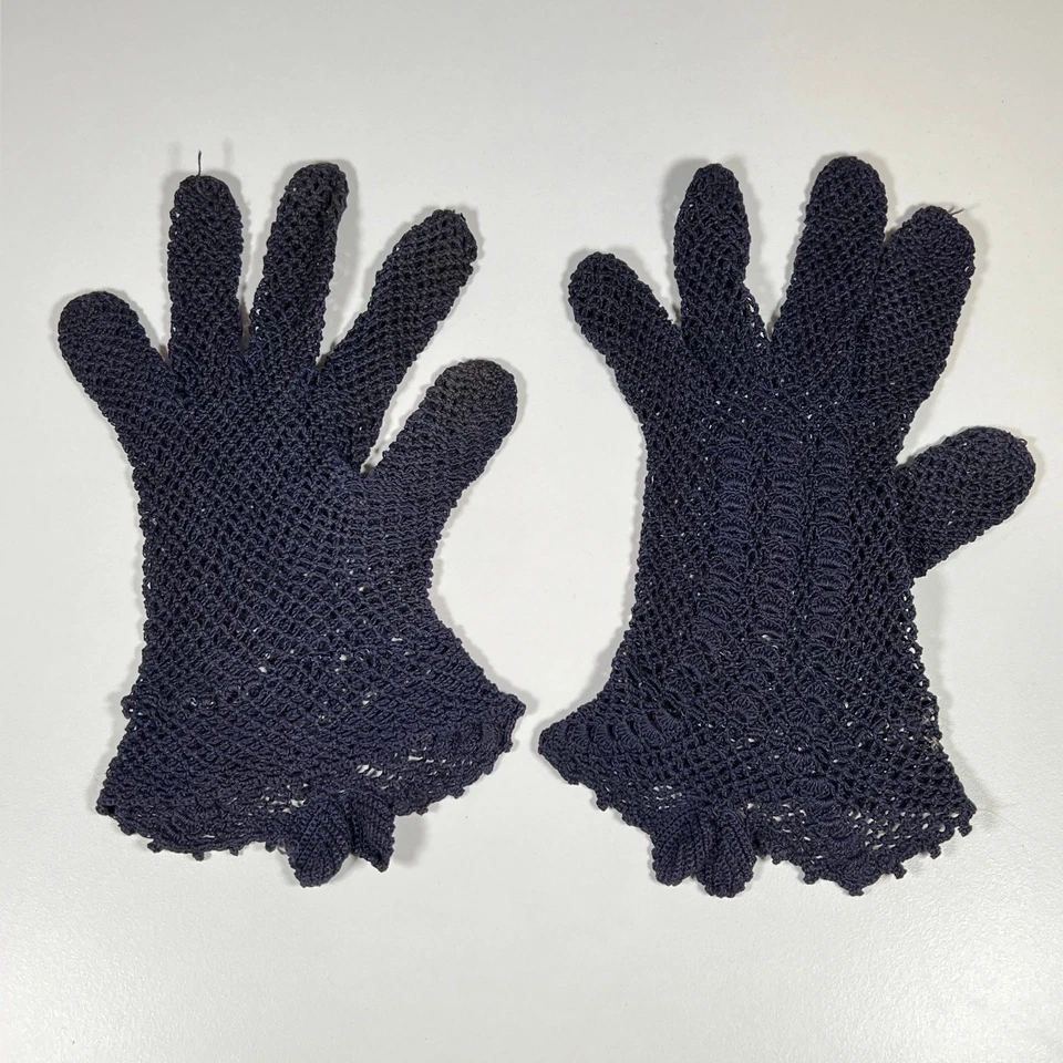 Lote de 2 Guantes de Vestir Vintage Años 40-50 Crochet Encaje Marfil y Azul Marino Hechos a Mano para Mujer Foto 4 de 4