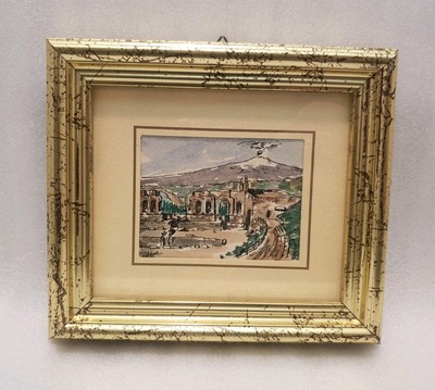 Vintage Watercolor Painting Mount Etna Stratovolcano 6.5 x 5.5 