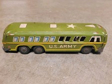 Vintage Japan US Army Military Bus Tin Litho Toy 7" long Friction Motor Works