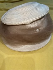 Vintage 1960 s Ivory Pillbox Hat with Beige Tule Made In USA Size Medium 7