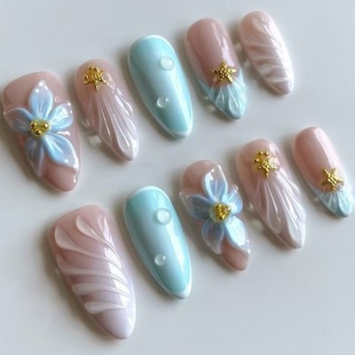 French Fake Nail Flower Designs False Nail,Artificial Nail Glues on Nail Set