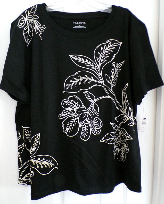 NWT NEW SUMMER TALBOTS XL EMBELLISHED BLISSFUL LEAVES TEE BLACK /BEIGE $69.50