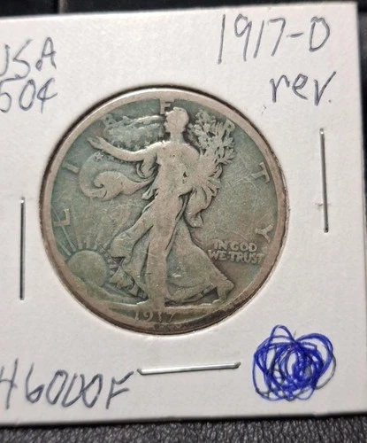 USA 1917-D, Walking Liberty half dollar old silver coin #4600