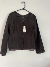 Eileen Fisher Silk Shirt Brown Button Front V Neck Blouse Size Medium Pockets
