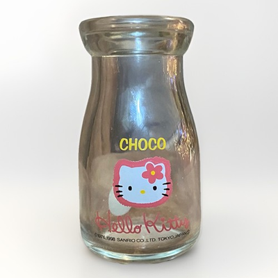 #ad Vintage Hello Kitty Mini Glass Milk Bottle Choco 1998 Sanrio Sticker Attached $29.95