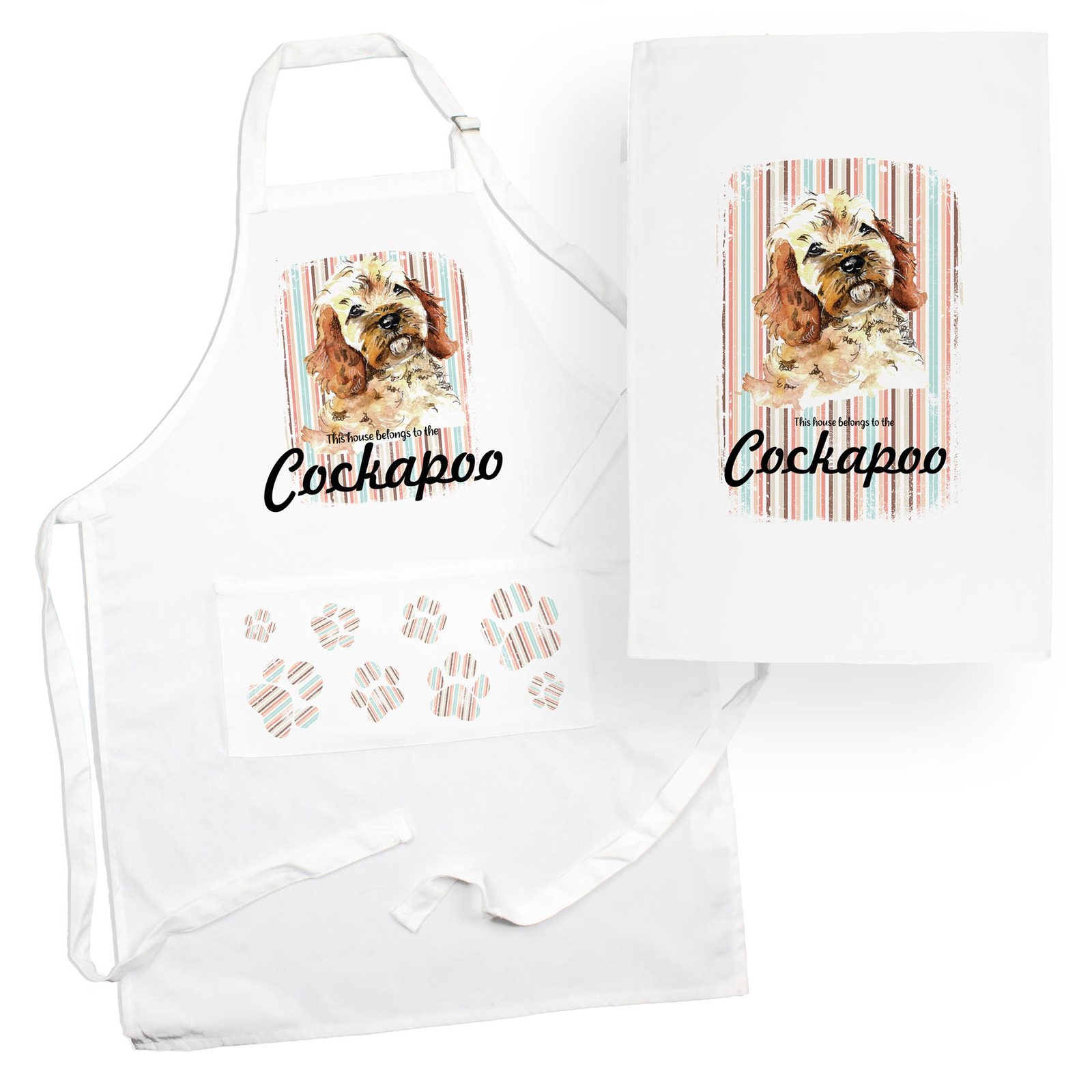 Cockapoo Tea Towel & Apron Set - Dogs & Paw Prints Kitchen Linens Gifts