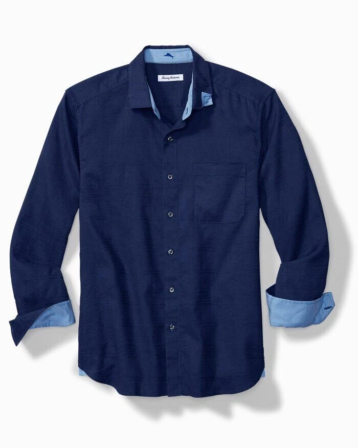 EUC Mens Tommy Bahama Costa Tautira Linen Blend Button Front Navy Shirt MEDIUM