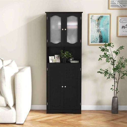 Black 64.5 in. Tall Bathroom Cabinet with Glass Doors and Adjustable Shelves
