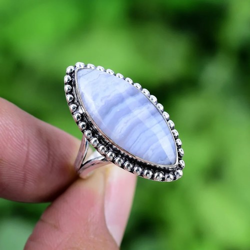 Lush Blue Lace Agate Gemstone 925 Sterling Silver Handmade Ring Gift All Sizes - Picture 3 of 10