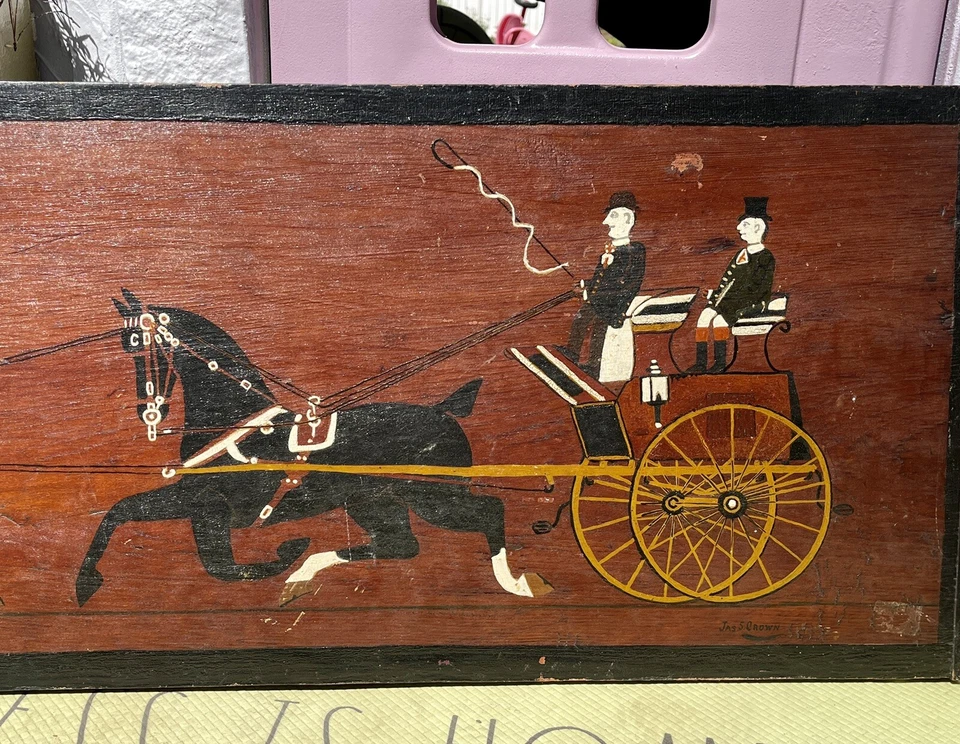 Antiguo arte popular caballo buggy pintura panel madera americana siglo XIX signo primitivo Foto 2 de 4