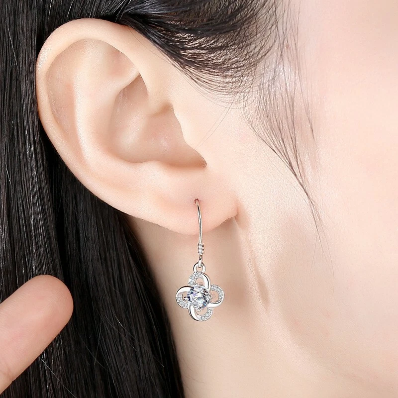 Mujeres 925 Plata Esterlina Joyería Cristal Eterna Suerte Trébol Pendientes Gancho Foto 4 de 4