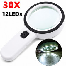 30X Jumbo Handheld Magnifying Glass w/ 12 Bright LED Light Illuminated Magnifier