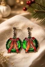 Christmas Wreath Dangle Earrings - Green Enamel - Red Bow - Holiday Jewelry