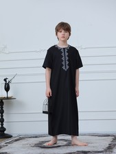 Saudi Short Sleeve Abaya Long Robes Kids Boys Thoub Thobe Kaftan Islamic Summer