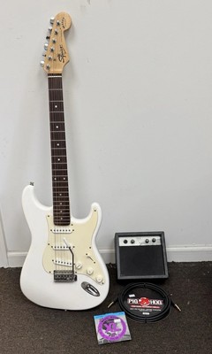 White Fender Squire Bullet Strat Kit W Amp Cable Clean Tested Working, No Issues