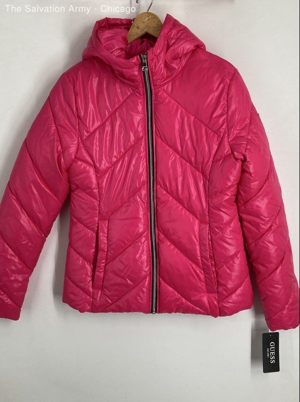 Guess Womens Pink Long Sleeve Full-Zip Hooded Puffer Jacket Size Small