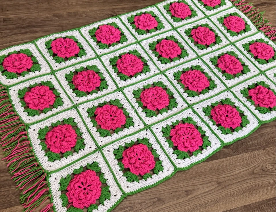 Manta afgana ganchillo vintage 3D rosa abuela cuadrada rosa verde flecos 60x32 Foto 4 de 4