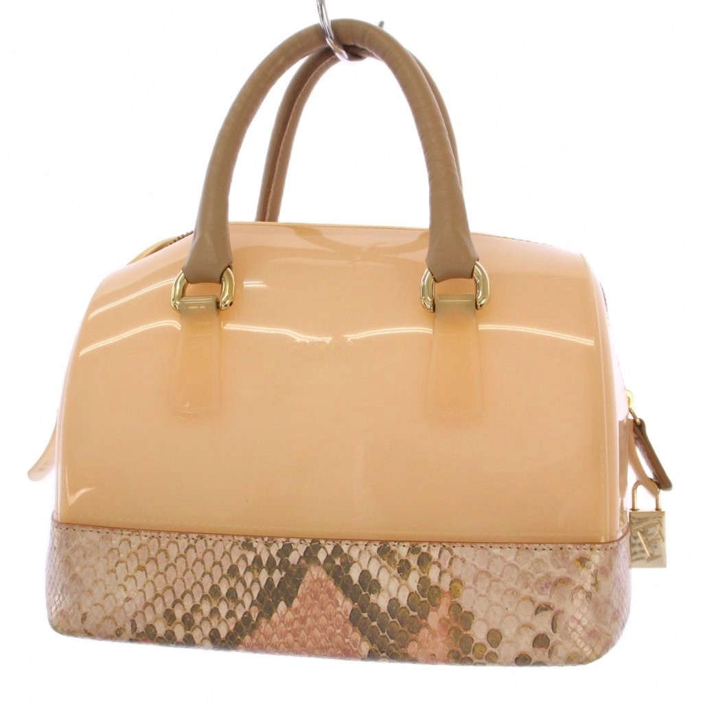 Furla Candy Handbag Python Embossed Pvc Pink Beig… - image 3