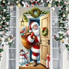 Merry Christmas Door Cover Retro Santa Claus Backdrop, 71 x 35...