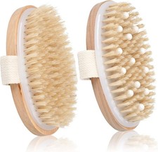 2 Pack Dry Brushing Body Brush, Natural Bristle Exfoliating Brush with Massage N