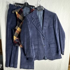 Vintage Unbranded 3 Piece Suit 38L* Blue Corduroy Reversible Vest 33x31 60's 70'