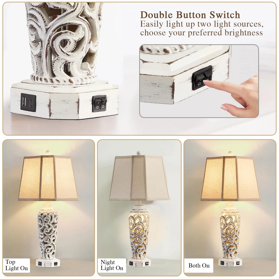 27-дюймовые деревенские настольные лампы набор из 2 для гостиной с портами USB A + C, винтажные N... - Изображение 2 из 4
