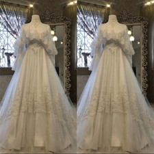 White High Neck Ethnic Wedding Dresses Elegant Lace Shawl Appliques Long Sleeve