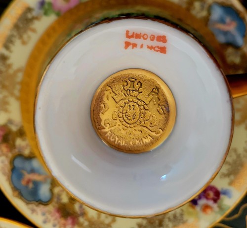 Limoges Green Gold Encrusted Cupid Tea Pot Cup & Saucer Creamer Sugar Bowl 6 Set - Picture 18 of 24
