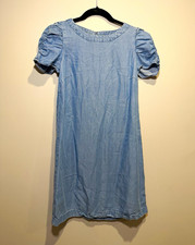 LOFT Petites 0P Blue Chambray Shift Dress Puff Short Sleeve Round Neck Zip
