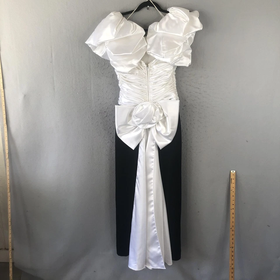 Vestido vintage Maurice's para mujer 8 negro blanco formal manga abullonada lazo vestido años 80 EE. UU. Foto 2 de 4