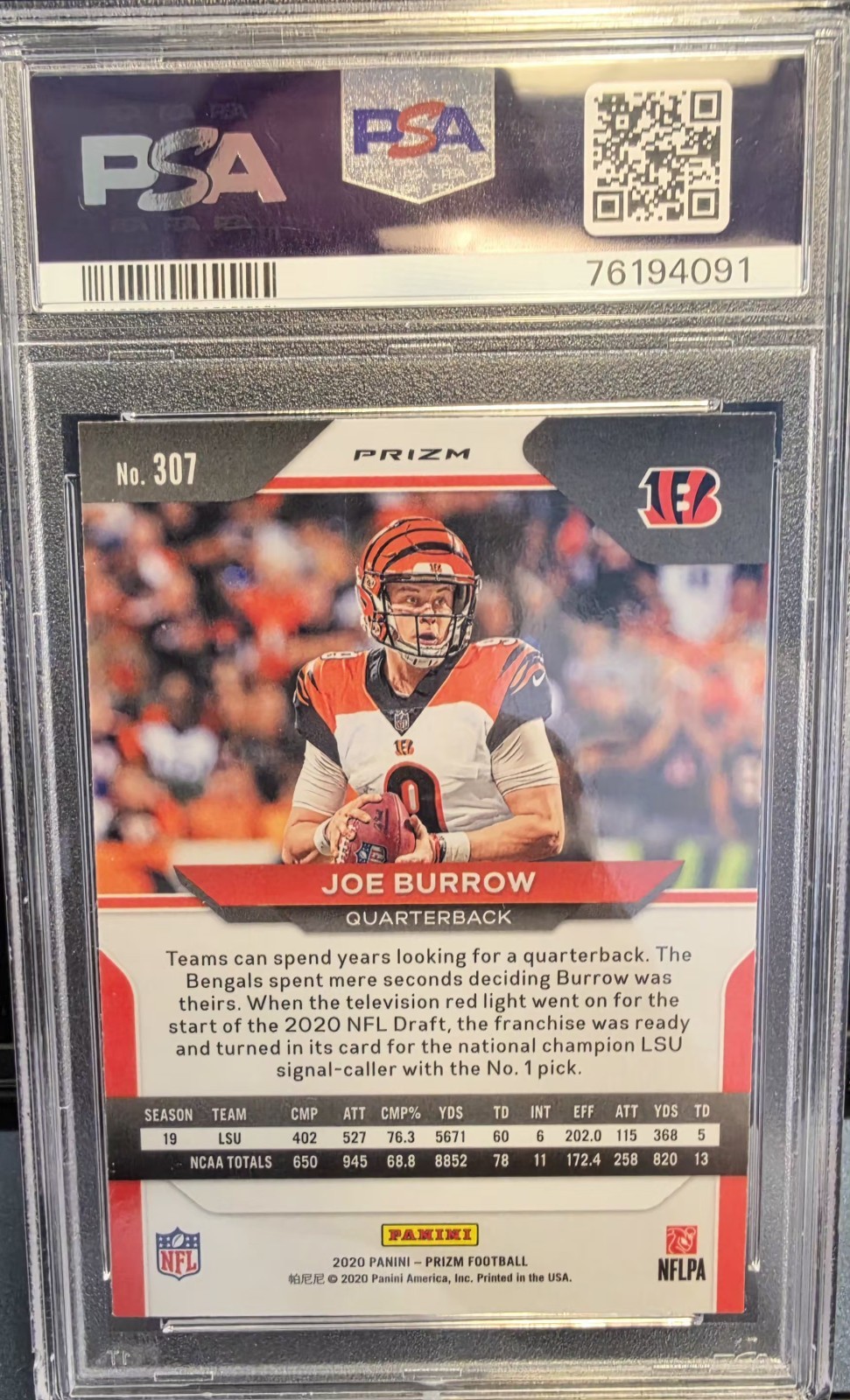 Panini 2020 Prizm Joe Burrow RC Red Ice Prizm #307 Bengals PSA 9 view 2
