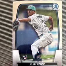 2023 Bowman Chrome Eury Pérez #90 Miami Marlins Rookie Baseball Card. rookie card picture