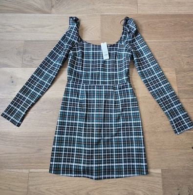 Francesca's Plaid Zip A-Line Short Dress Square Neck Long Sleeve Green S