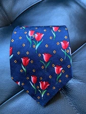 Blue Silk Tie Necktie w/Red Tulips 3.75"x56"
