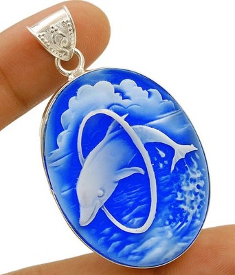 Italienische Kamee Delfin 925 Sterling Silber Anhänger Schmuck @B20-4