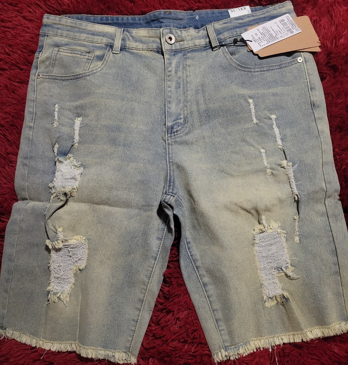 Distressed Denim Shorts Blue Light Wash Frayed Hem Men's Casual 5-Pocket