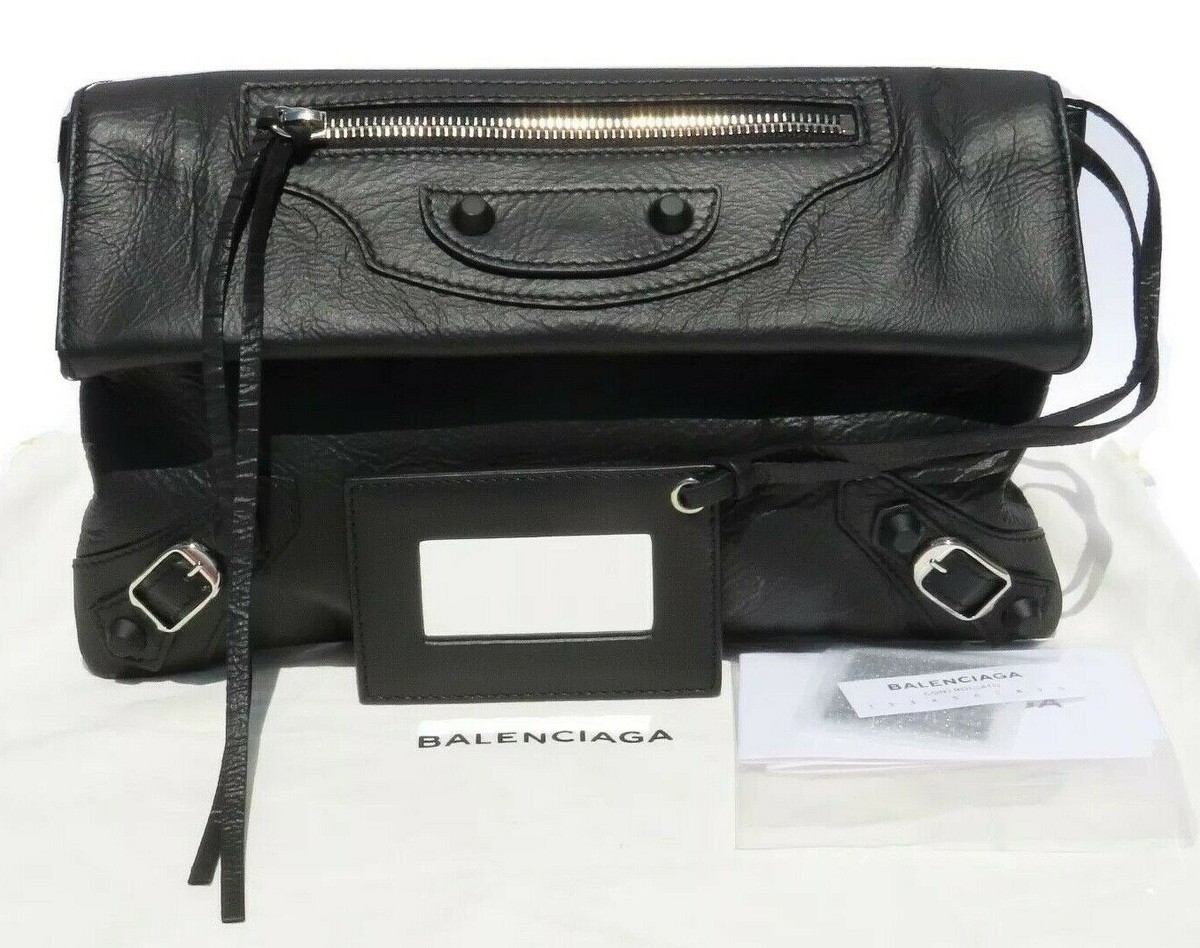 BALENCIAGA Paris Black Chevre Leather Silver HW Flap Envelope