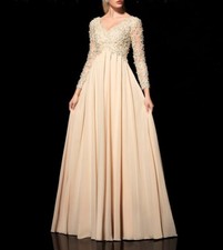 Champagne Long Sleeve V-Neck Mother Bride Dress Weddings Applique Chiffon Beaded