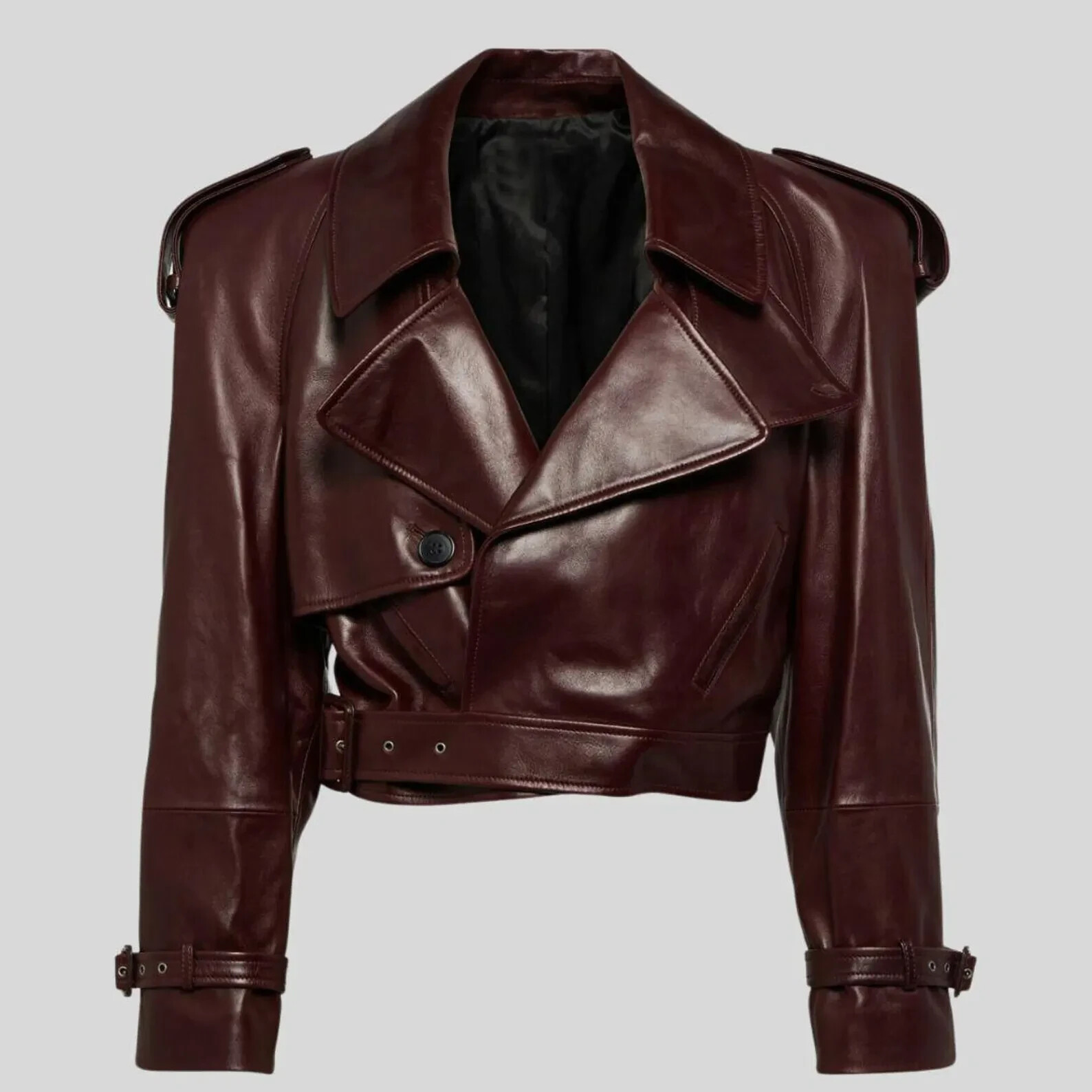 Women's Cropped Lambskin Leather Biker Jacket – Luxury Burgundy Moto Rider
