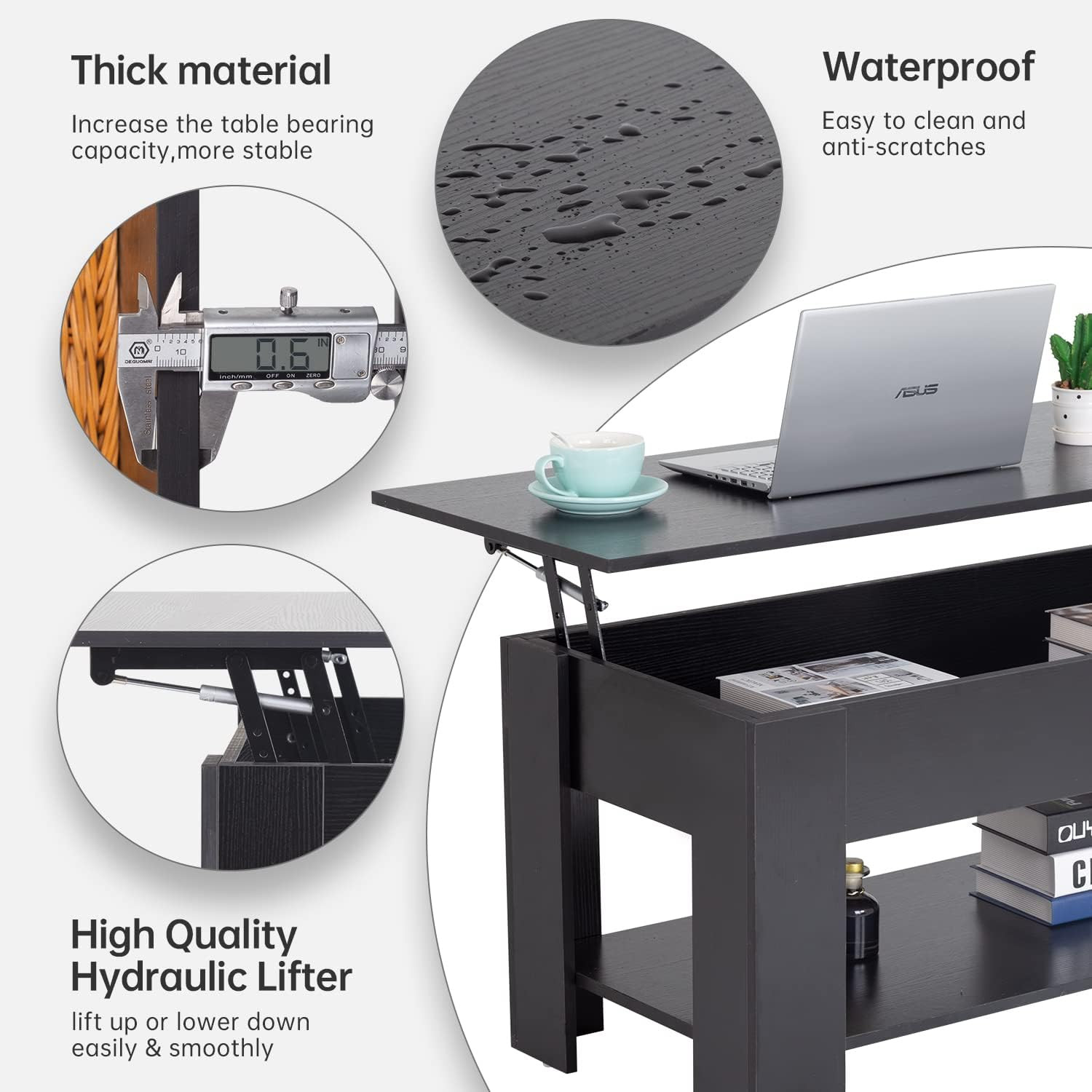 Lift Top Coffee Table with Hidden Compartment and Storage Shelf Wooden Lift Tabl