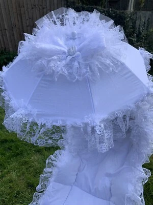 Very Frilly White Pesci Baby Parasol Pram Pushchair Universal Sunshade - Romany