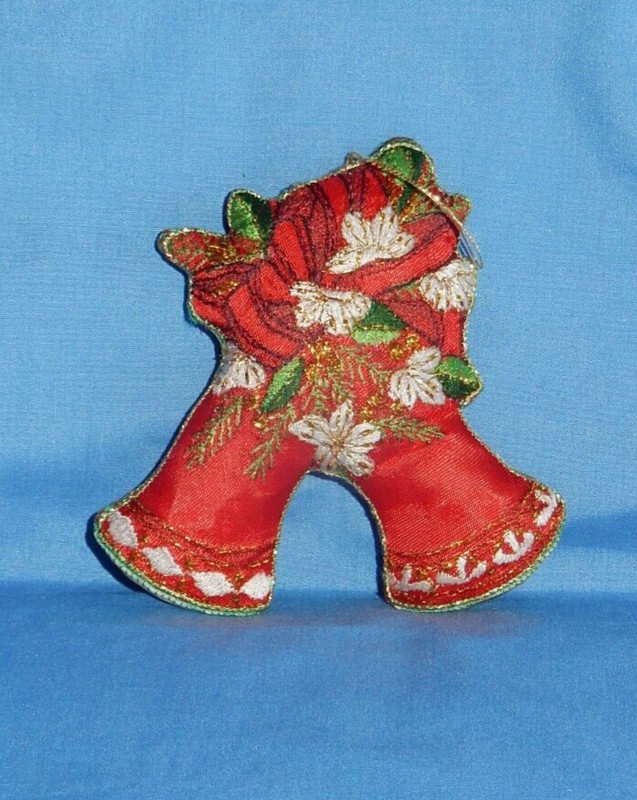 Vintage Red Bells with Flowers Silk Embroidered Christmas Ornament