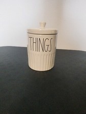 Rae Dunn Canister Bathroom Vanity Makeup Jar w/lid "THINGS" Farmhouse Ivory