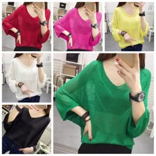 Top Blusa Pullover Donna In Maglia Con Maniche A Cappa E Collo A V