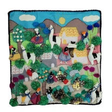 Handstitched Llama Tapestry Folksy Sewn Artwork Wall Hanging Travel Vintage