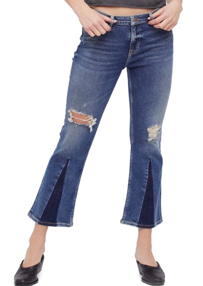 NWT FREE PEOPLE Sz29 COLORBLOCK CROP DISTRESSED STRETCH JEANS IT