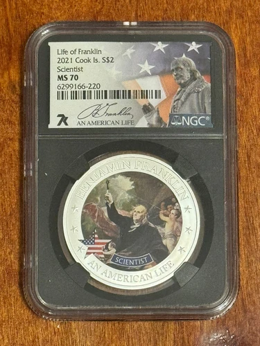 2021 Cook Islands Silver $2 Life of Franklin Scientist NGC MS 70 7k Metals