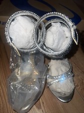 Womens Square Toe Sandals Sparkling Rhinestones Lace Up High Heels Silver Size 1